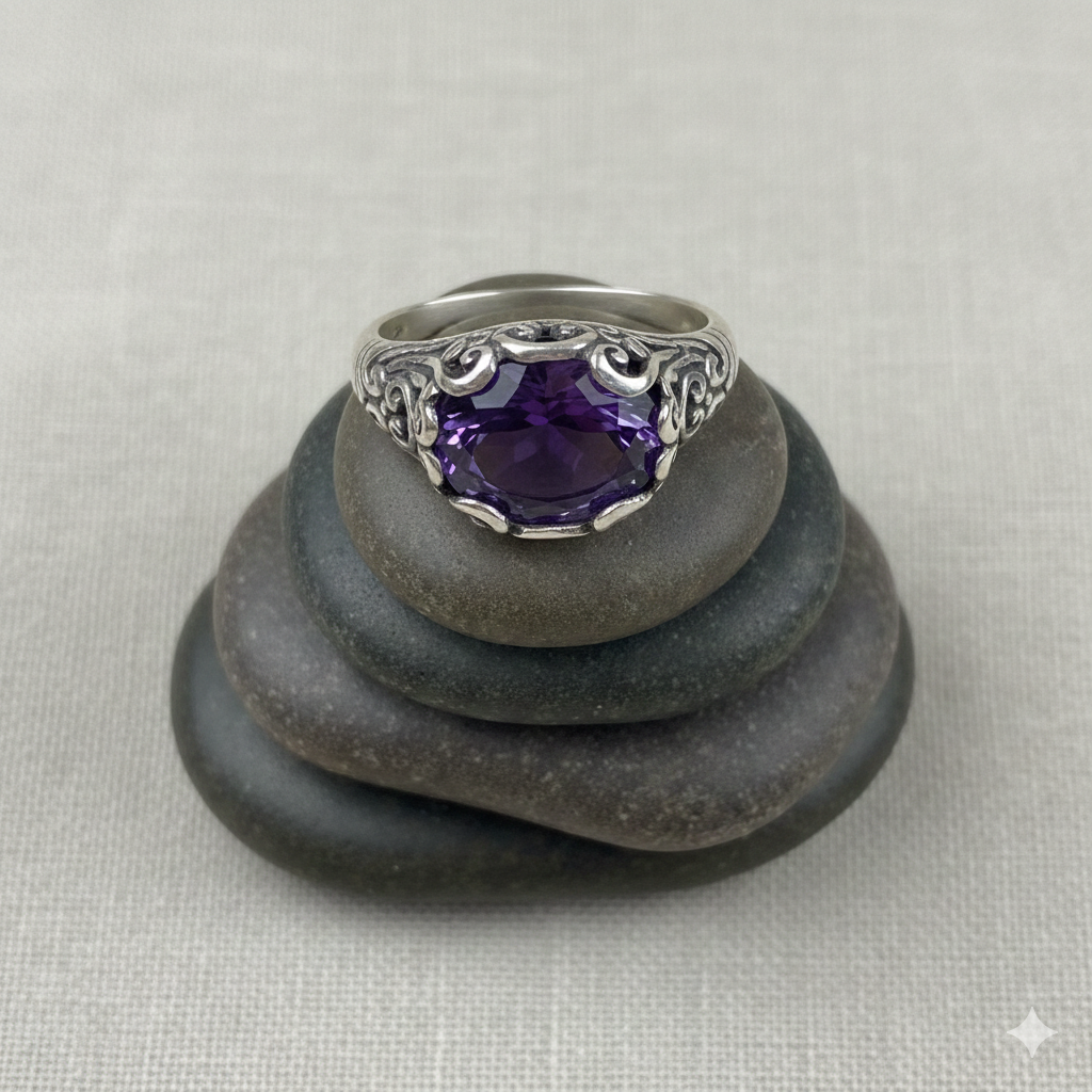 Deep Purple Faceted Amethyst Ring, Vintage Carving